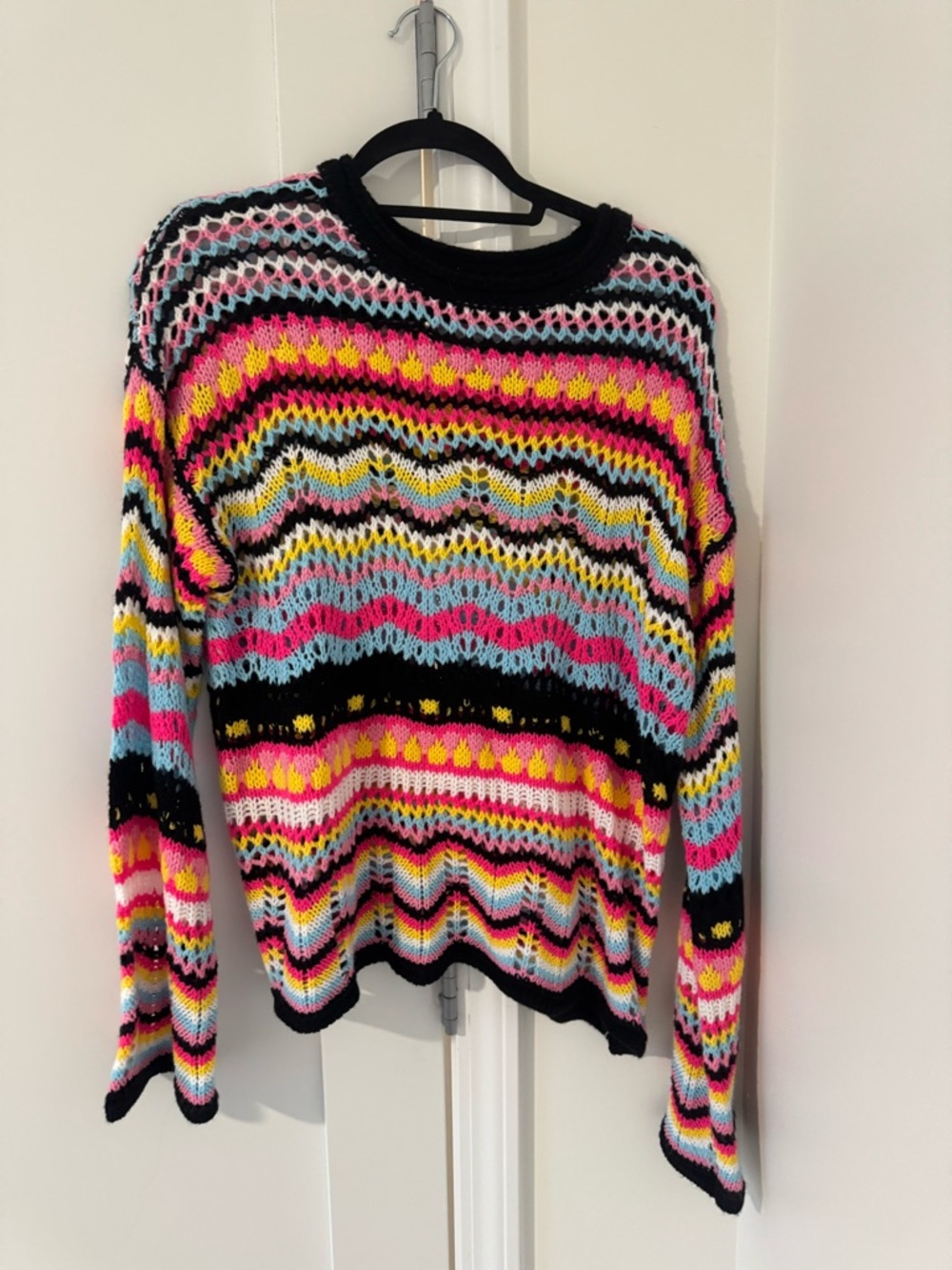 Multicolor Striped Open Knit Crewneck Sweater